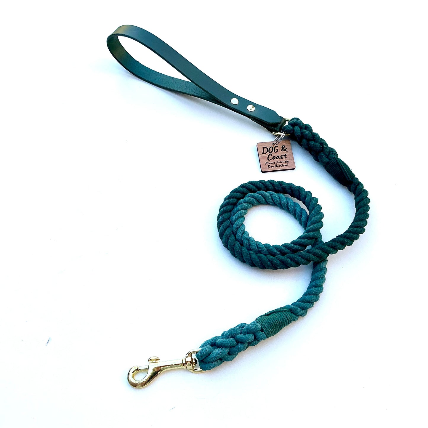Leather Handle & Rope Lead - Green