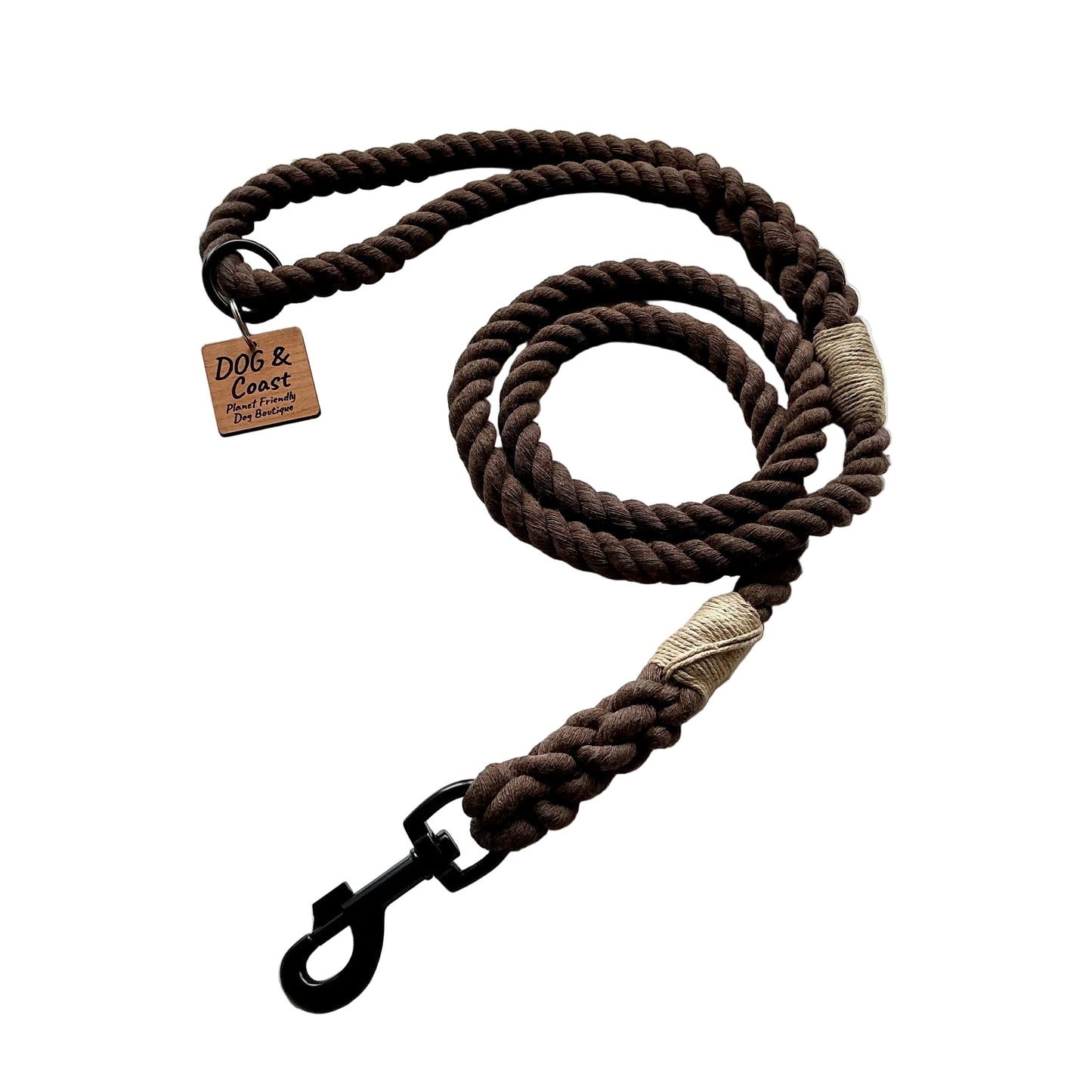 Brown braided dog leash with a black clip on a white background