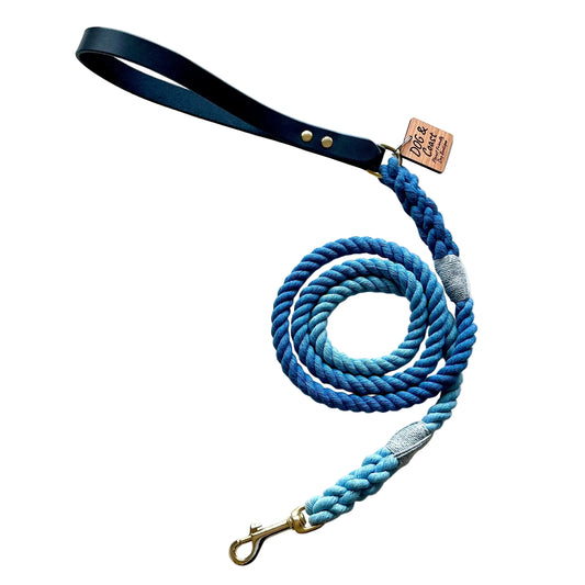 Leather Handle & Rope Lead - Blue