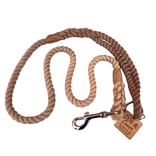 Brown braided dog leash with metal clip and 'Dog & Coast' tag on a white background